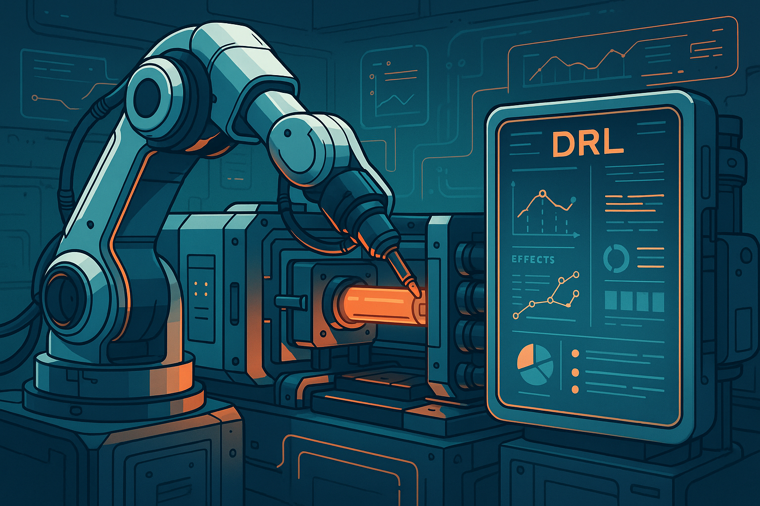 A robotic arm adjusting settings on a futuristic injection molding machine